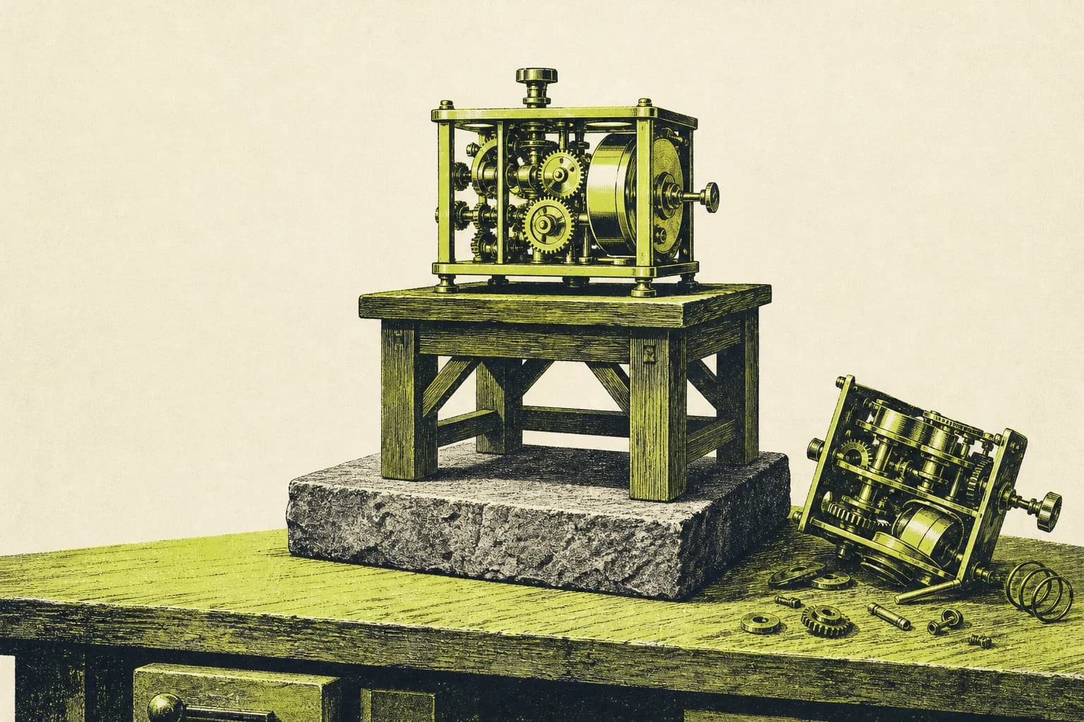 How to automate your business: a clockwork machine on a table and stone base, while one on the bare bench lies toppled.