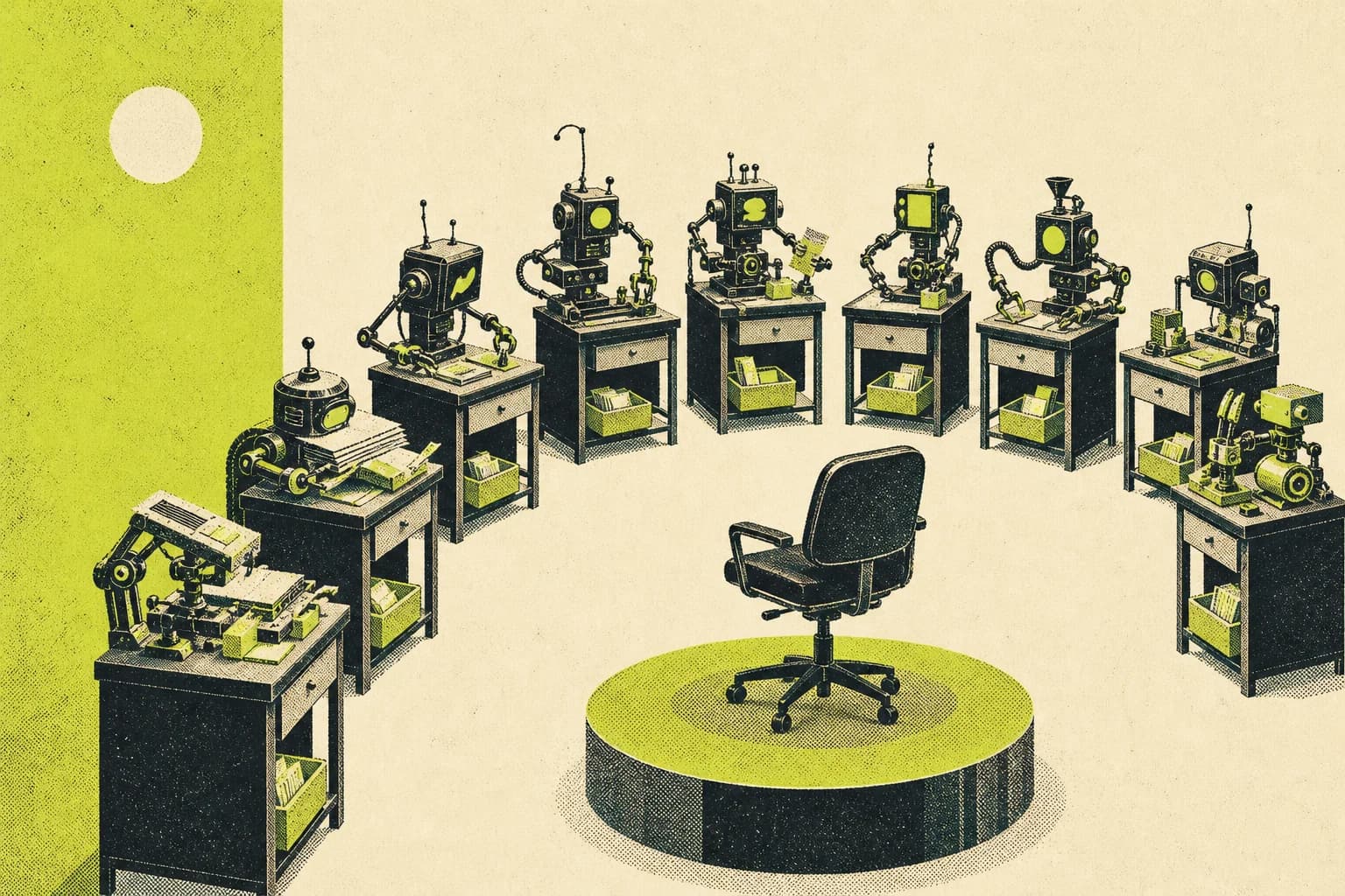 How to run multiple Claude Code agents: an empty chair on a platform faces a ring of small machines, each busy at a desk.