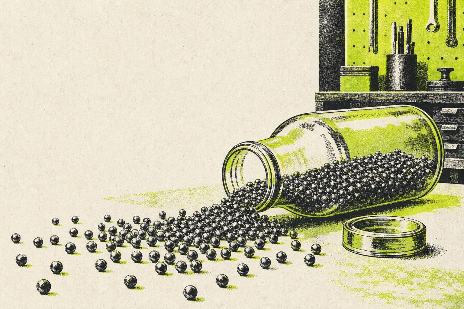 How to stop being the bottleneck: a glass jar on its side, lid set aside, steel balls rolling out freely across a workbench.